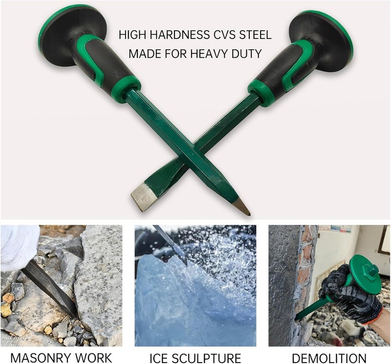 CForge Heavy Duty Masonry Chisel Set,12 Inch Point and Flat Chisel with Hand Protector,for Demolition,Mason,Carving,Concrete (2 PCS Set) - Image 2